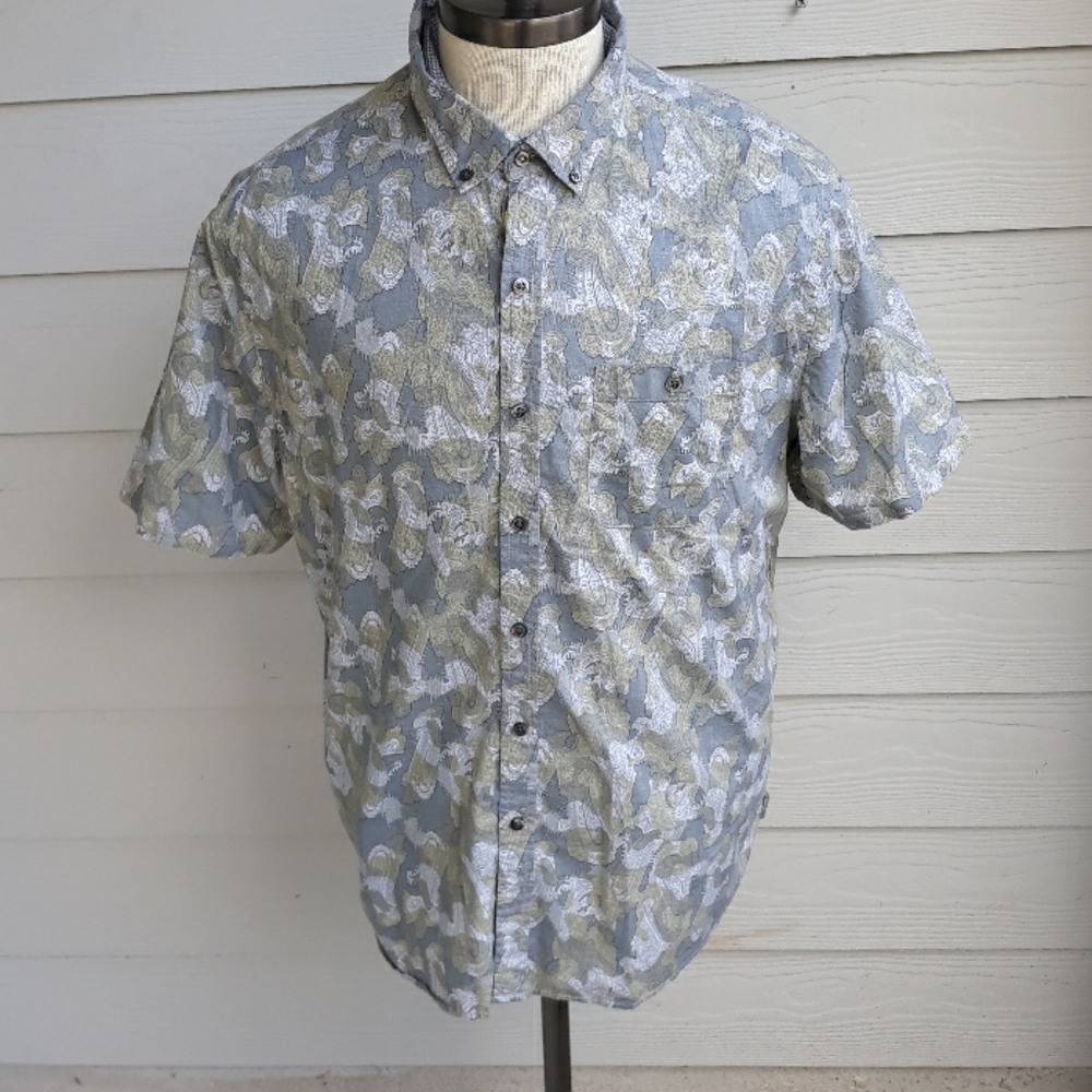 MICHAEL BASTIAN Grey Green‎ Paisley Cotton Sz XL Button Down Short Sleeve Shirt